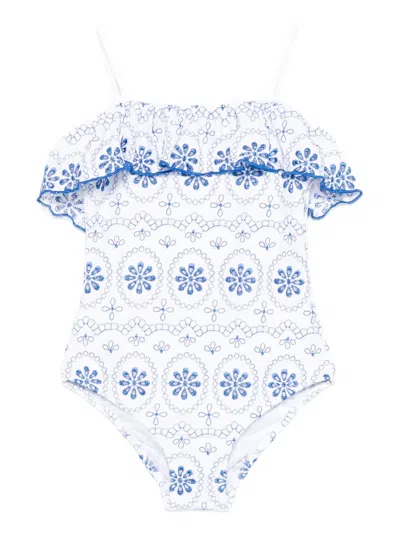 Mc2 Saint Barth Kids' Ruffled Embroidered Swimsuit In Blue