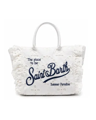 Mc2 Saint Barth Ruffled Sangallo Cotton Tote Bag With Embroidered Accents In White