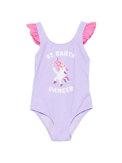 Mc2 Saint Barth Kids' Ruffled Unicorn-print Swimsuit In Purple