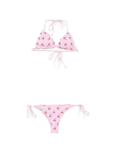 Mc2 Saint Barth Sagitami Cherry-embroidered Striped Bikini In Pink
