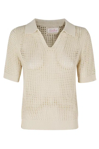 Mc2 Saint Barth Sand Flora Crochet Mesh Fabric Cotton Polo Shirt In Neutral