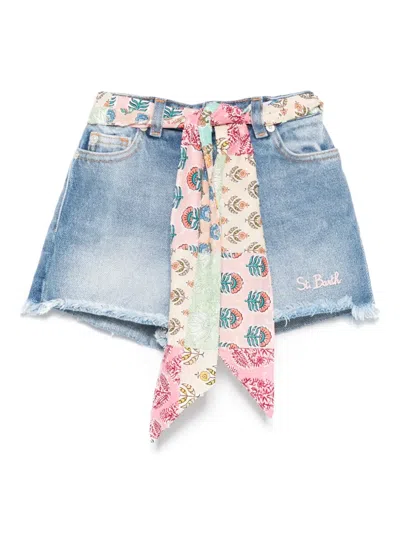 Mc2 Saint Barth Kids' Scarf-detail Denim Shorts In Blue