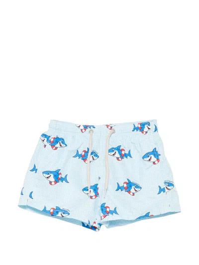 Mc2 Saint Barth Kids' Shark-print Gingham Swim Shorts In Blue