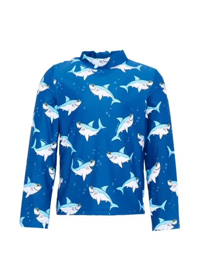 Mc2 Saint Barth Kids' Shark-print Long-sleeve Uv Swimwear In Blue
