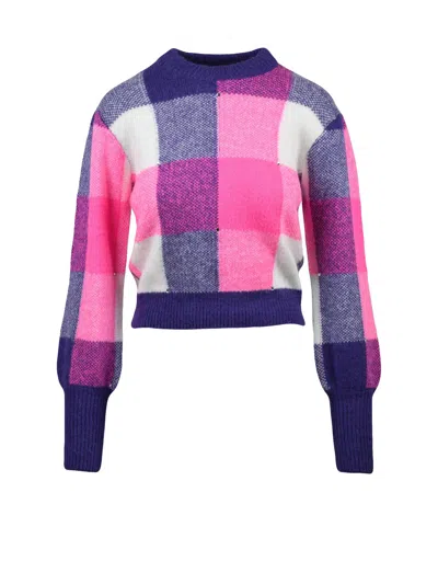 Mc2 Saint Barth Short Crew Neck Sweater With Bold Checkered Pattern In Blue