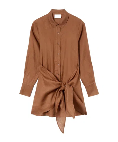 Mc2 Saint Barth Long Sleeve Linen Dress With Tie Detail In Brown