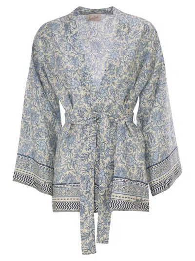 Mc2 Saint Barth Short Silk Kimono With Floral Print In Light Blue