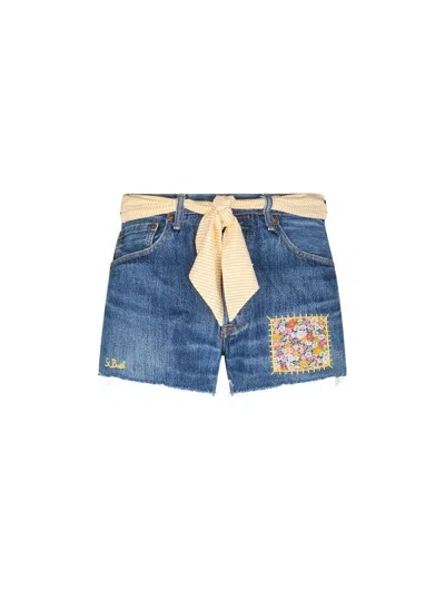 Mc2 Saint Barth Blue Arizona Attached-scarf Denim Shorts In Multicolour