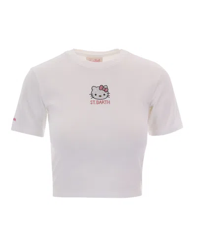 Mc2 Saint Barth Short-sleeved Fitted T-shirt With Rhinestone Details In White