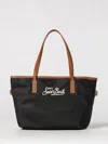 Mc2 Saint Barth Rectangular Tote Bag With Contrasting Brown Handles And White Script Logo In Black