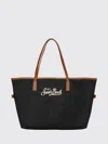 Mc2 Saint Barth Rectangular Tote Bag With Contrasting Brown Handles And White Script Logo In Black