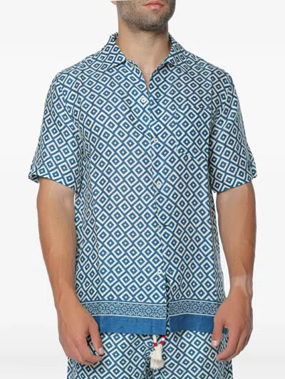Mc2 Saint Barth Sifnos Placed Geometric-print Linen Shirt In Blue