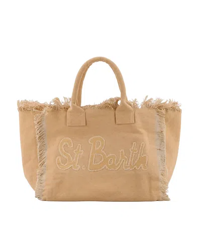 Mc2 Saint Barth Spacious Cotton Canvas Tote Bag With Fringed Edges In Beige