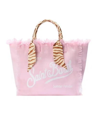 Mc2 Saint Barth Spacious Cotton Canvas Tote With Frayed Edges And Attached Scarf In Pink