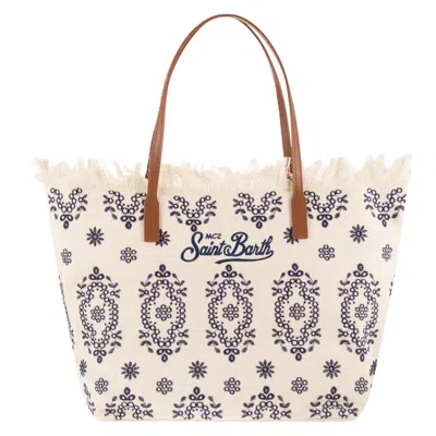 Mc2 Saint Barth Spacious Cream Tote Bag With Navy Embroidery In White