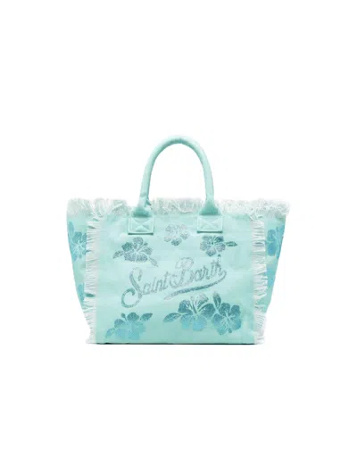 Mc2 Saint Barth Spacious Floral-patterned Tote Bag With Fringed Edges In Blue