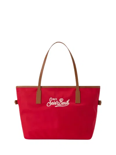 Mc2 Saint Barth Spacious Red Tote Bag With Brown Trim