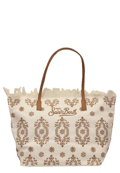 Mc2 Saint Barth Spacious Tote Bag With Floral And Geometric Patterns In Neutral