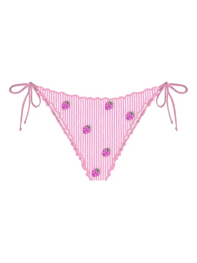 Mc2 Saint Barth Gestreiftes Bikinihöschen Mit Erdbeerstickerei In Pink