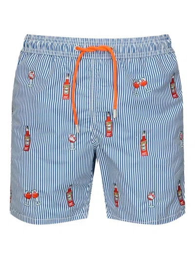Mc2 Saint Barth Striped Bottle-print Swim Shorts In Blue