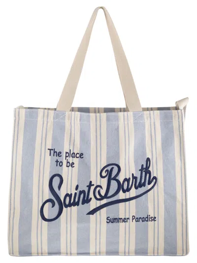 Mc2 Saint Barth Striped Canvas Tote Bag With Embroidered Logo In White