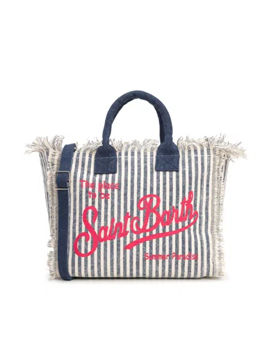Mc2 Saint Barth Striped Canvas Tote Bag With Fringed Edges And Bold Logo In Multi