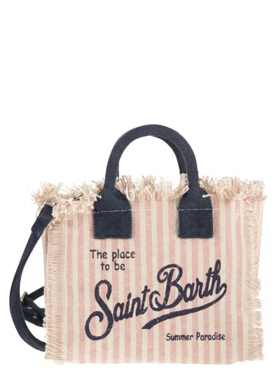 Mc2 Saint Barth Striped Cotton Mini Bag With Contrast Handles And Shoulder Strap In Neutral