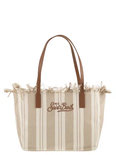 Mc2 Saint Barth Striped Cotton Tote Bag With Leather Handles In Beige