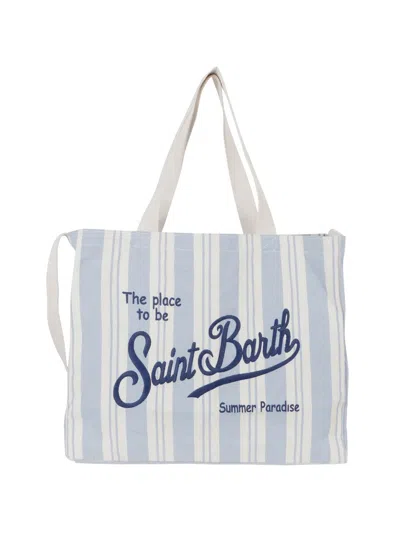 Mc2 Saint Barth Striped Canvas Tote Bag With Embroidered Logo In White