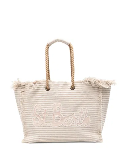 Mc2 Saint Barth Striped Frayed-edge Beach Bag In Neutral