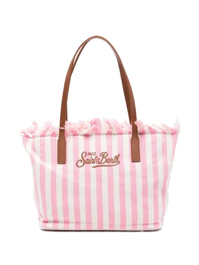 Mc2 Saint Barth Striped Fringed Beach Bag In Pink