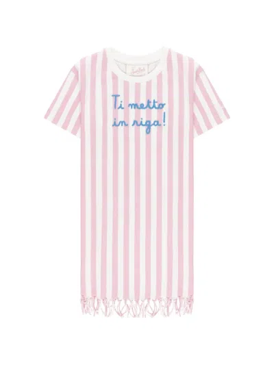 Mc2 Saint Barth Kids' Striped Fringed-hem Dress In Pink
