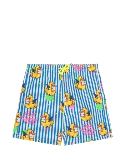 Mc2 Saint Barth Kids' Striped Graphic Swim Shorts In Blue