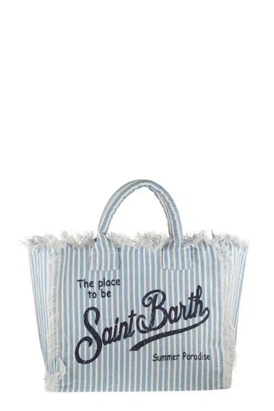 Mc2 Saint Barth Striped Linen Beach Tote Bag With Printed Logo