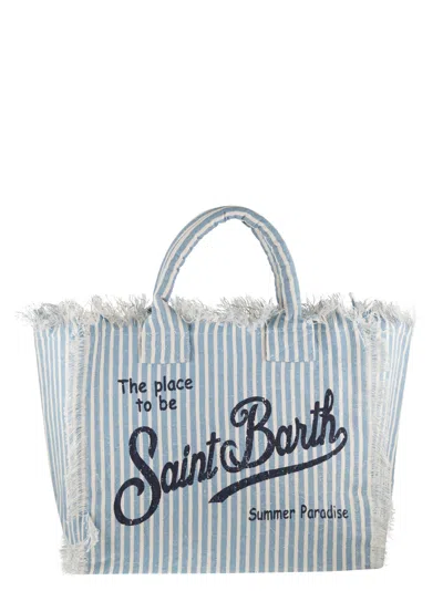 Mc2 Saint Barth Striped Linen Beach Tote Bag With Printed Logo In Multi