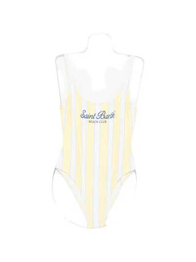 Mc2 Saint Barth Striped Logo-print Swimsuit In White