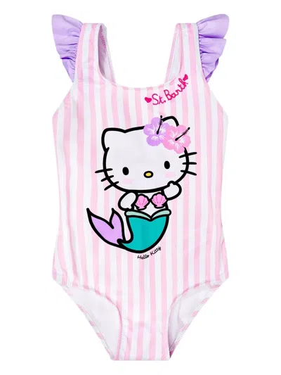 Mc2 Saint Barth Kids' Striped Ruffled Swimsuit In Pink