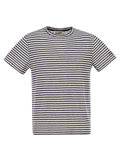 Mc2 Saint Barth Striped T Shirt In Linen And Cotton Blend In Multi