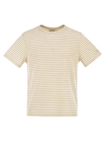 Mc2 Saint Barth Striped T Shirt In Linen And Cotton Blend In Brown