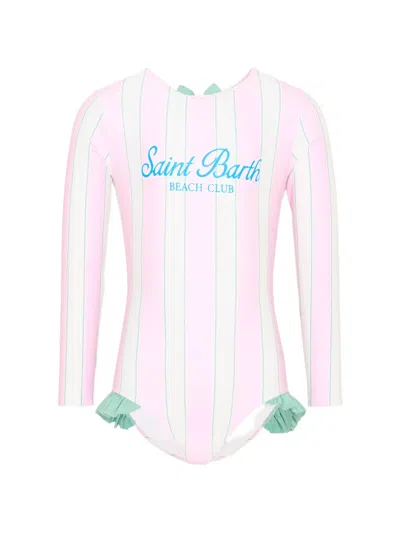 Mc2 Saint Barth Kids' Stripe-print Ruffled Swimsuit In Pink