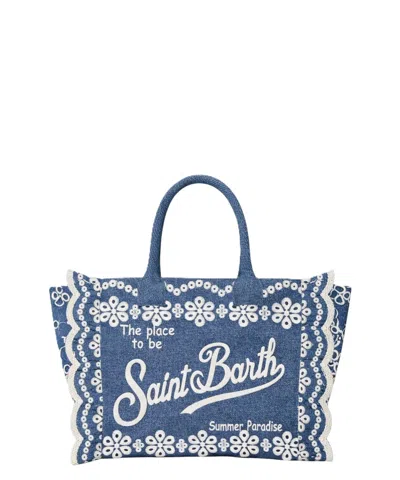 Mc2 Saint Barth Structured Tote Bag With Floral Embroidery In Blue
