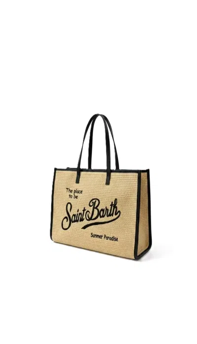 Mc2 Saint Barth Structured Woven Tote Bag With Black Trim In Beige