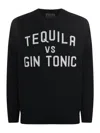 Mc2 Saint Barth Man Crewneck Sweater With Tequila Vs Gin Tonic Jacquard Print In Black