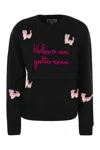 Mc2 Saint Barth Woman Crewneck Soft Sweater With Cats Crochet Patch And Volevo Un Gatto Nero Embroidery In Black