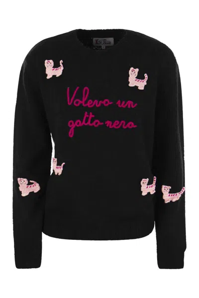 Mc2 Saint Barth Woman Crewneck Soft Sweater With Cats Crochet Patch And Volevo Un Gatto Nero Embroidery In Black