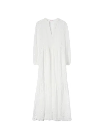 Mc2 Saint Barth Tiered White Midi Dress With Eyelet Pattern And Puff Sleeves