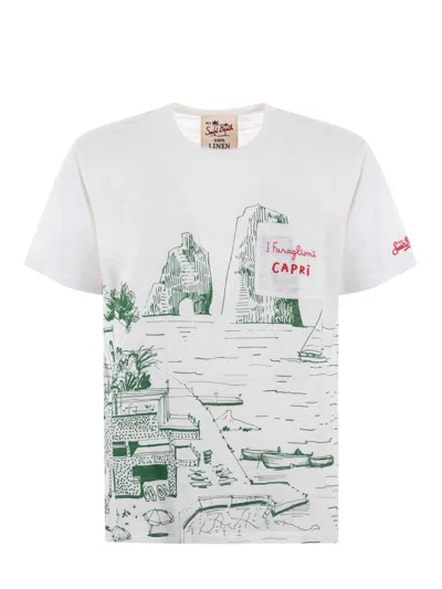 Mc2 Saint Barth T-shirt  Faraglioni In Filo Di Lino Disponibile Store Scafati In Bianco/verde