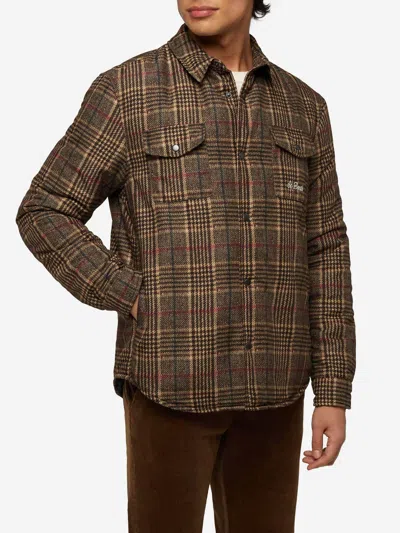 Mc2 Saint Barth Technic Fabric Overshirt Chalet With Prince Of Wales Print In Brown