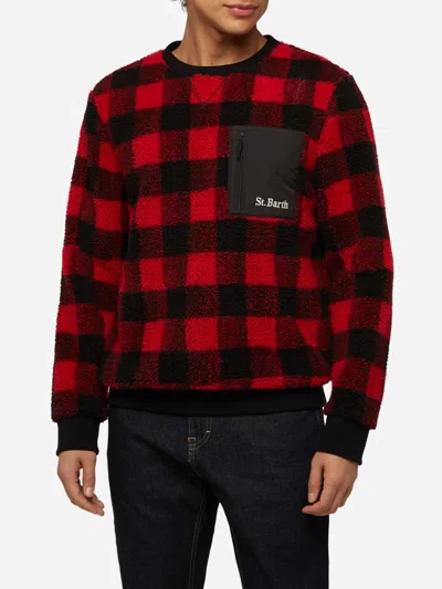 Mc2 Saint Barth Teddy-fleece Sweatshirt Oak With Check Print In Red