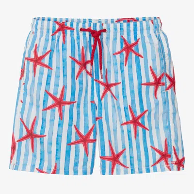 Mc2 Saint Barth Teen Boys Blue Stripe Starfish Print Swim Shorts